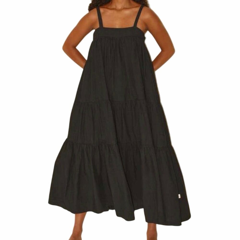 Araminta James Sunset Dress Noir Black Cotton Poplin Tiered Size S EUC